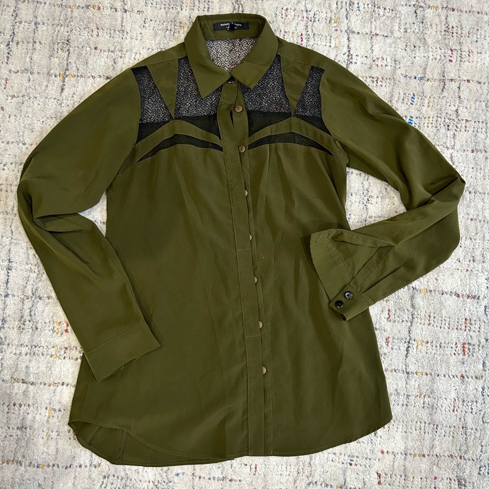 Nanette Lepore Olive Green Blouse Button-Up Shirt with Black Lace Size 0 (XS)
